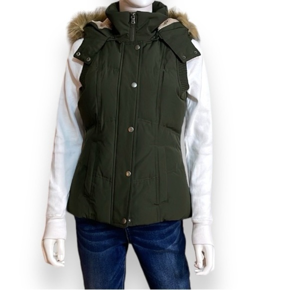 Down Puffer Vest Army Green Detachable Faux Fur Hood Women’s Size XS - Picture 2 of 9